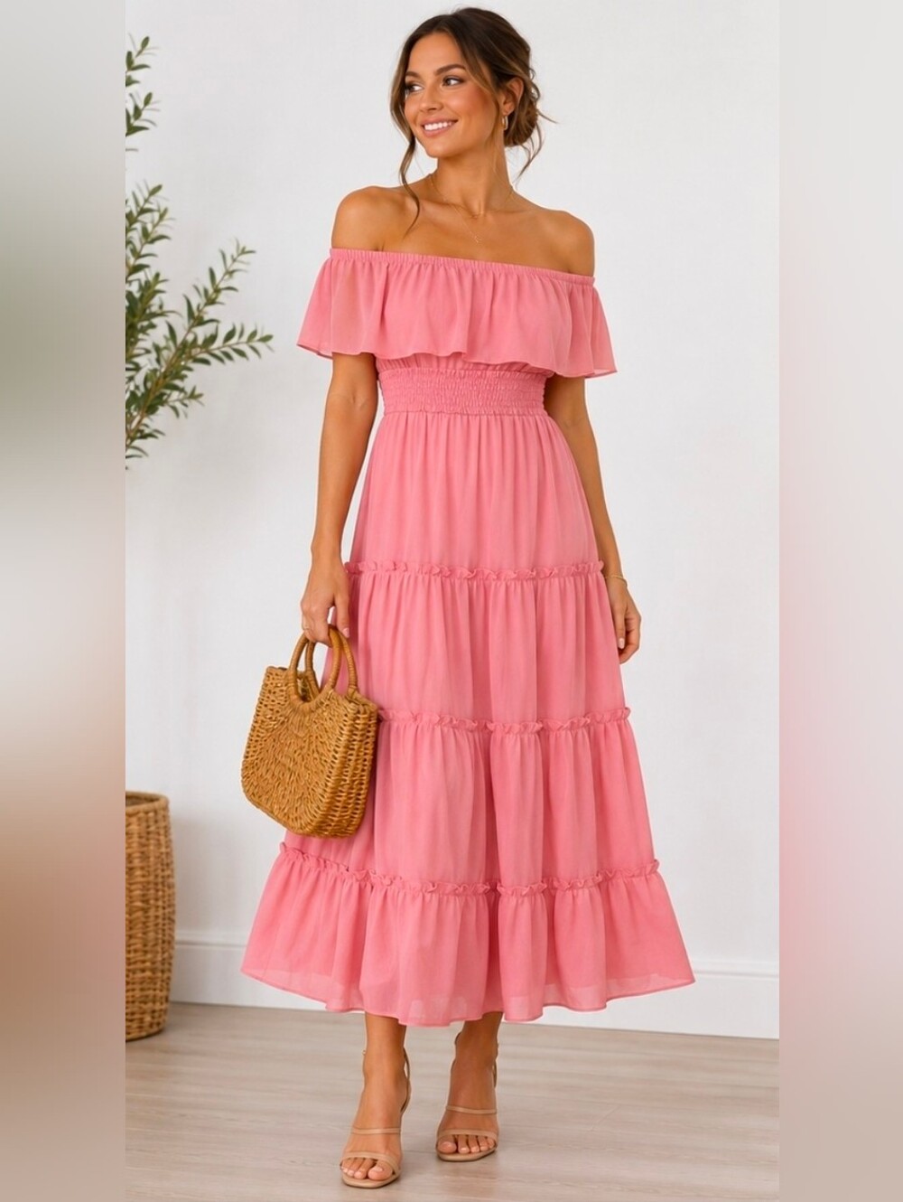 1. State Coral Pink Off-Shoulder Tiered Maxi Dress